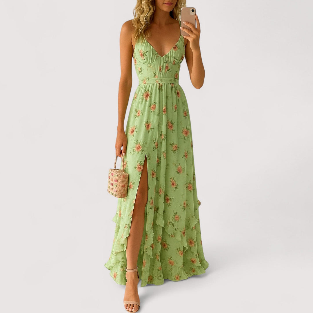 Vielseitiges fließendes Damenkleid; elegant für besondere Anlässe, bequem für den Alltag; in Grün, Rosa, Beige.