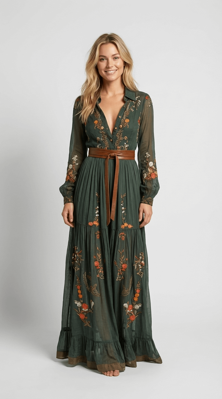 Elegantes grünes Boho Maxikleid für Damen mit langen Ärmeln und fließender Passform, perfekt für Freizeit.