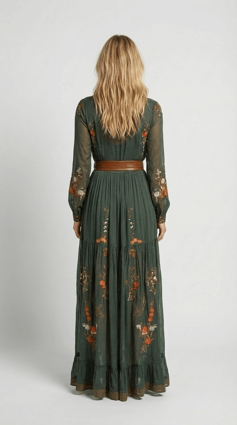 Gemustertes Damen Maxikleid im Boho-Stil, langärmelig, blau. Bequemes Freizeitkleid mit fließendem Schnitt.