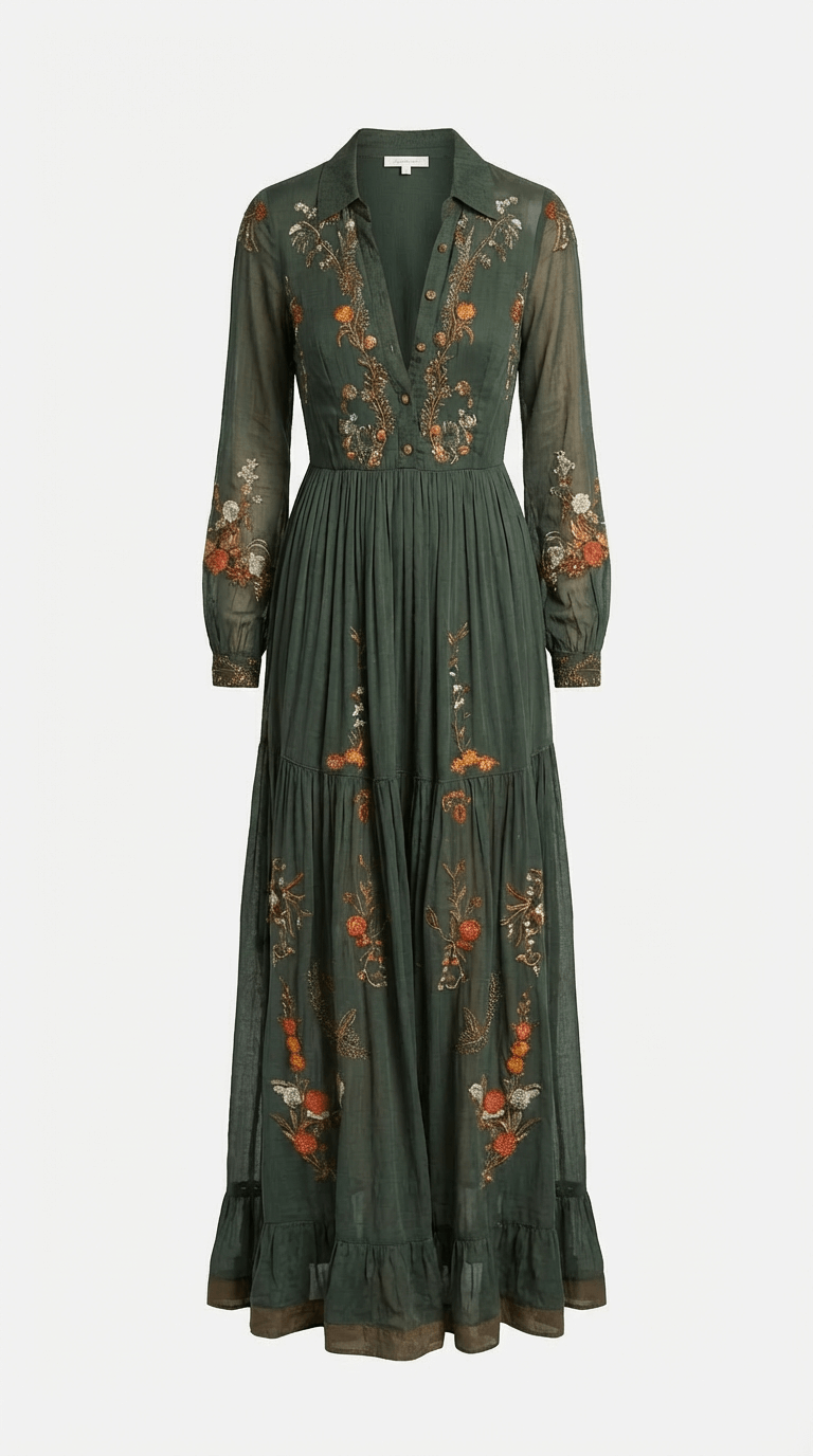 Schickes dunkelbraunes Boho Maxikleid für Damen mit langen Ärmeln, ideal als Sommerkleid mit fließendem Design.