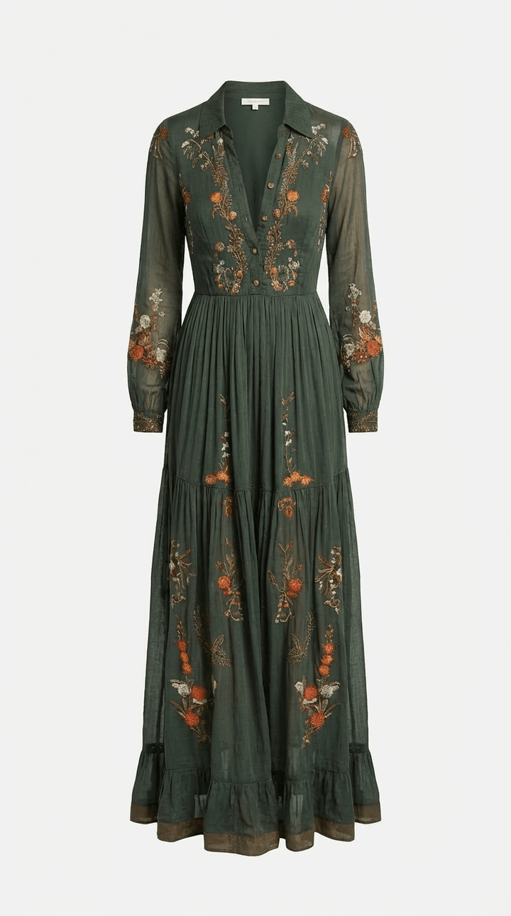 Schickes dunkelbraunes Boho Maxikleid für Damen mit langen Ärmeln, ideal als Sommerkleid mit fließendem Design.