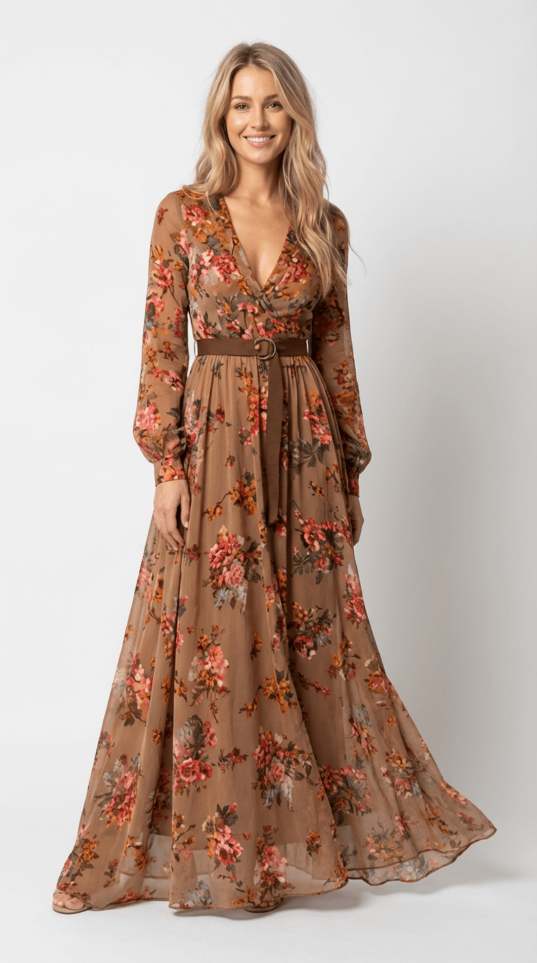 Elegantes Damen Maxikleid im Boho-Stil, langärmelig, gemustert. Vielseitiges Freizeit- oder Sommerkleid.