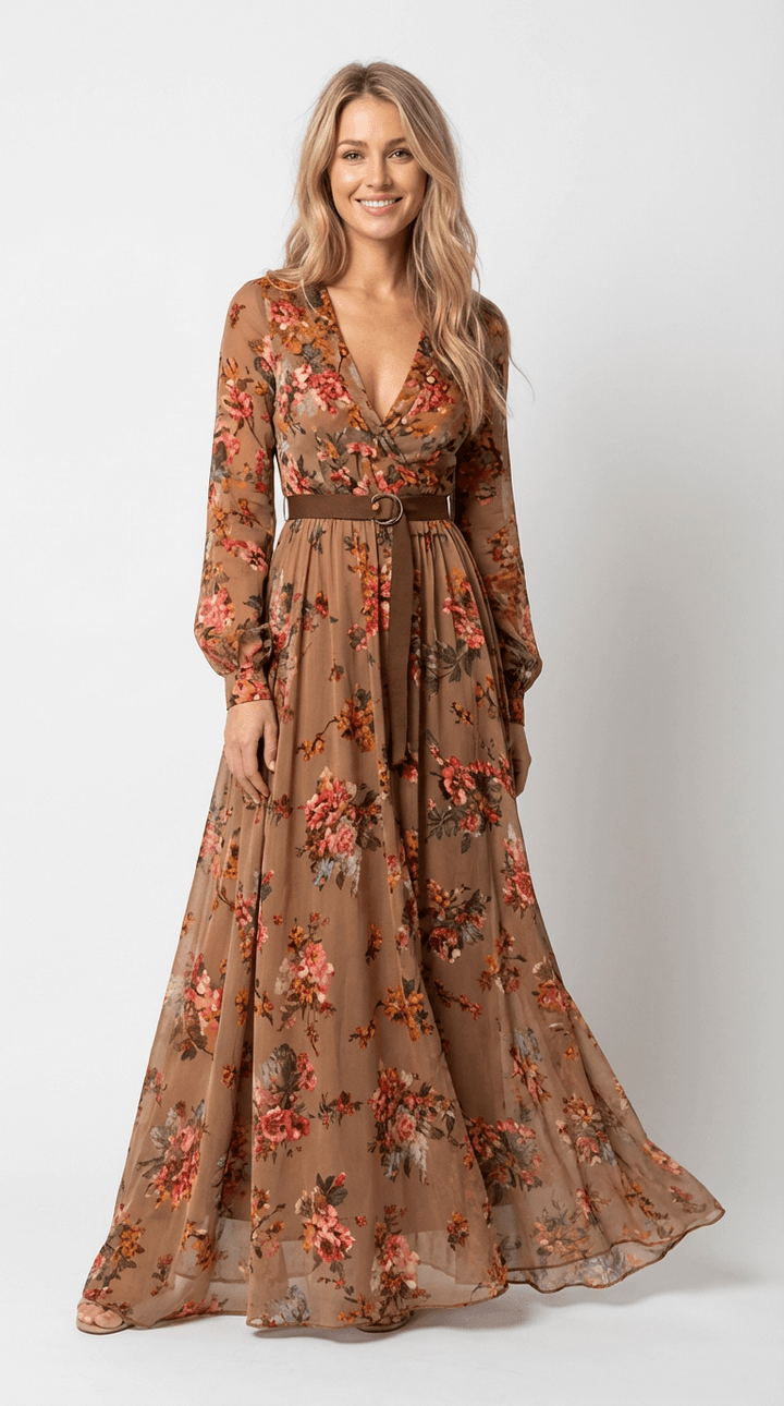 Elegantes Damen Maxikleid im Boho-Stil, langärmelig, gemustert. Vielseitiges Freizeit- oder Sommerkleid.