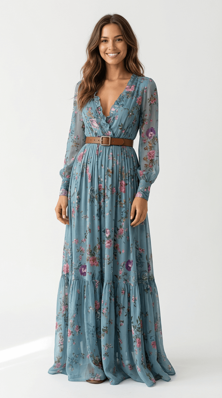 Fließendes, langes Damenkleid in Grün-Blau, Boho-Stil. Gemustertes Maxikleid mit langen Ärmeln für den Sommer.