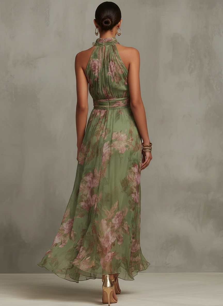Detailaufnahme des floralen Musters auf dem leichten Maxikleid, ideal für Frühling & Sommer.