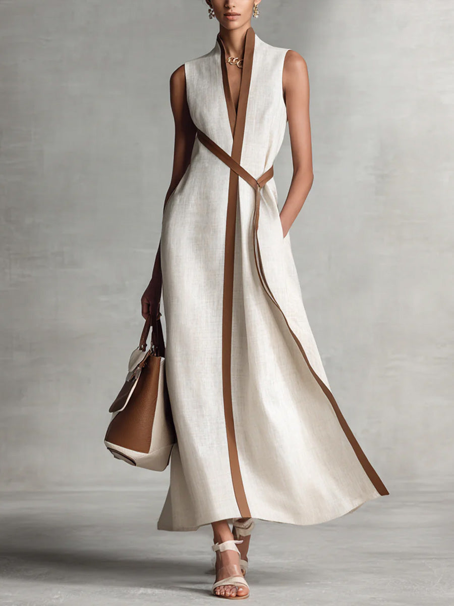 Festliches Damenkleid mit elegantem Mandarin-Kragen. Ärmelloses Hochzeitsgast-Kleid, ideal für besondere Anlässe.