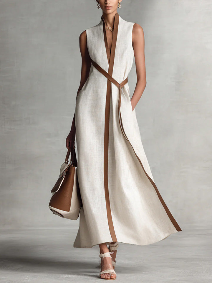 Festliches Damenkleid mit elegantem Mandarin-Kragen. Ärmelloses Hochzeitsgast-Kleid, ideal für besondere Anlässe.