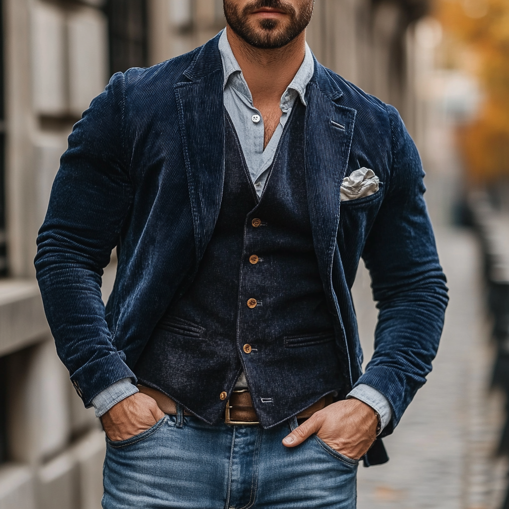 Elegantes Herren Slim Fit Blazer & Weste Set. Formeller Anzug für Business und festliche Anlässe. Moderne Herrenmode.