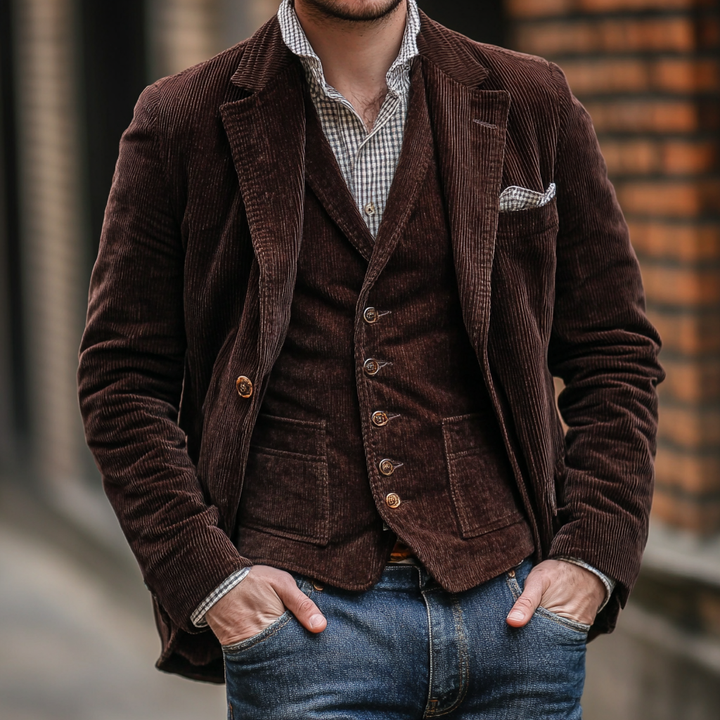 Modische Slim Fit Herren Weste. Teil des Business Blazer Sets, ideal für formelle oder elegante Anlässe. Herrenmode Outfit.