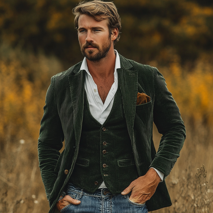 Mann trägt elegantes Slim Fit Blazer & Weste Set. Formeller Anzug für Business Meeting oder feierliche Anlässe. Herrenmode.