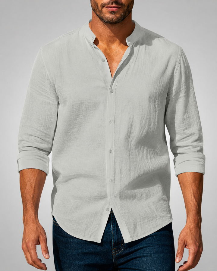 Elegantes Herren Slim Fit Hemd mit Stehkragen, perfekt für Sommer und Freizeit. Modernes Langarmhemd für Herrenmode.
