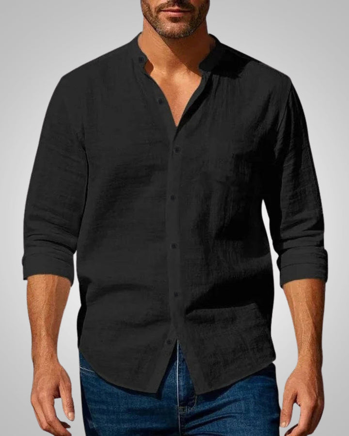 Modernes Slim Fit Stehkragenhemd für Herren, ideal für lässige Eleganz im Sommer. Freizeit-Langarmhemd mit Knöpfen.