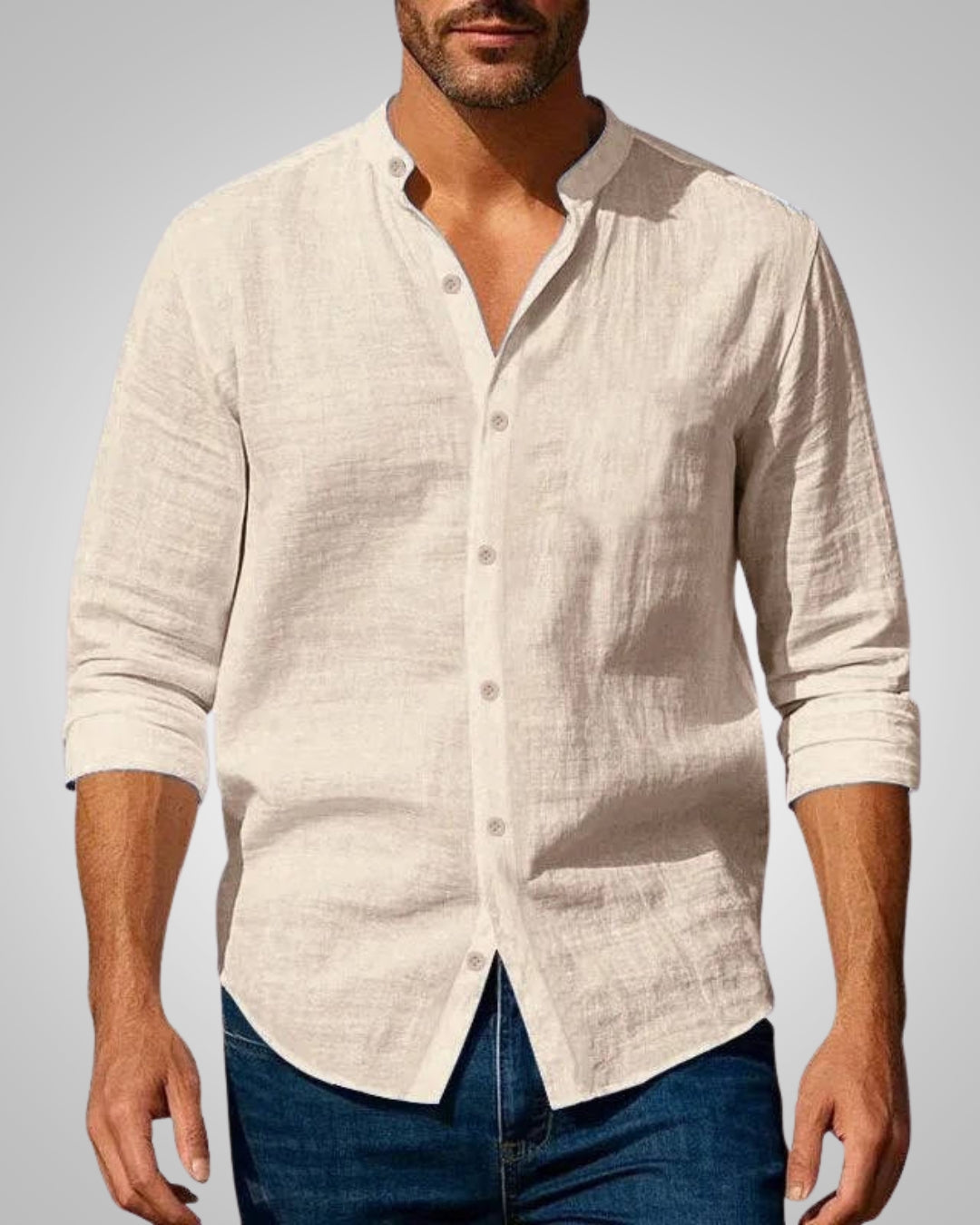 Stilvolles Herrenhemd mit Stehkragen und Slim Fit Passform, ideal für Sommerurlaub und elegante Freizeitlooks.