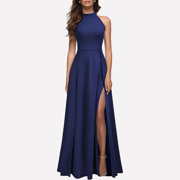 Elegantes langes Damen Maxikleid für Hochzeitsgäste mit Halterneck, festliche Abendmode für besondere Anlässe.