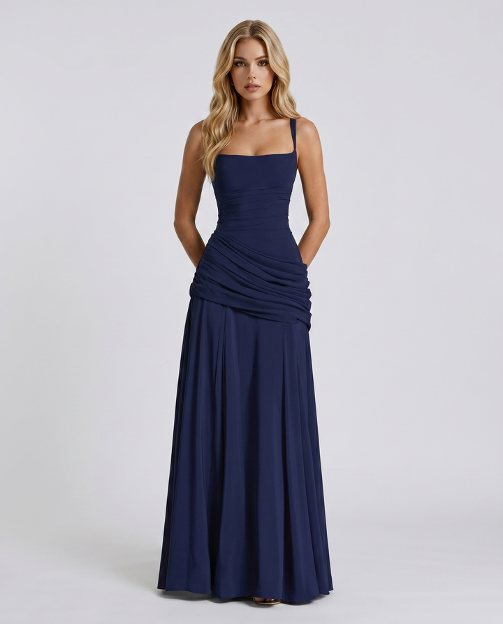 Elegantes marineblaues Damen Maxikleid mit Carré-Ausschnitt & Raffung. Perfekt für Abend, Hochzeit, Gala.