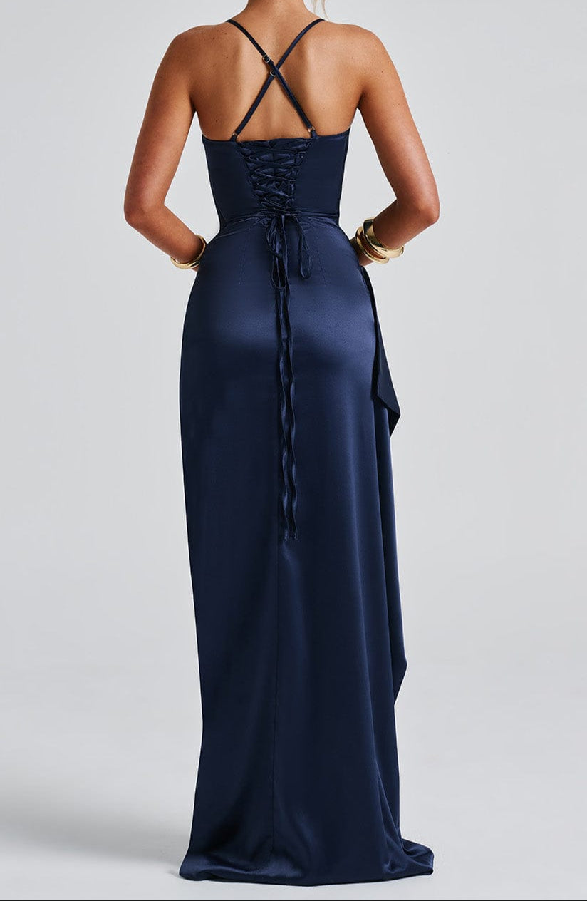 Edles marineblaues Damen Maxikleid, elegant und festlich, geeignet als Abendkleid für Hochzeit & Gala.