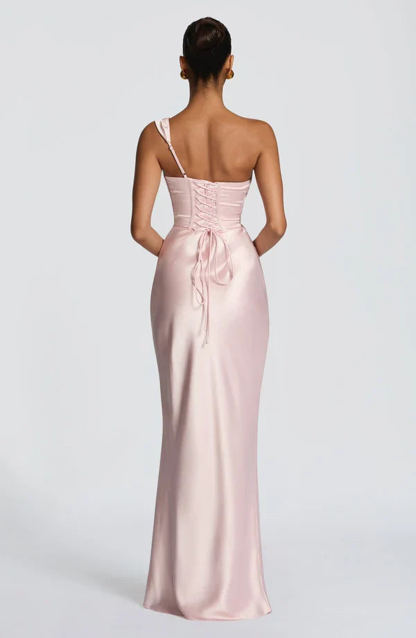 One Shoulder Maxikleid für Damen, elegantes Abendkleid für Hochzeitsgäste und Partys.