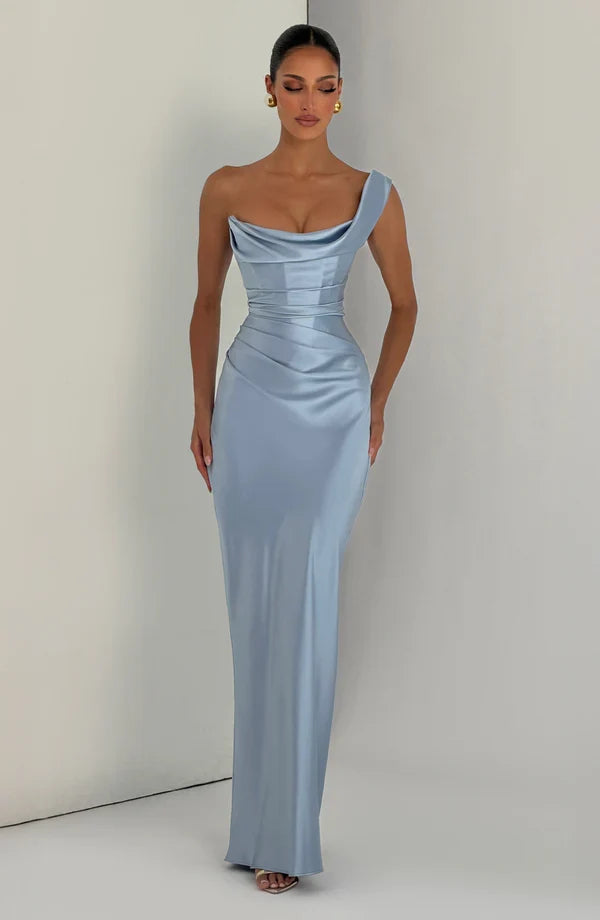Atemberaubendes One Shoulder Damenkleid, festliches Maxikleid für Hochzeit oder Party.