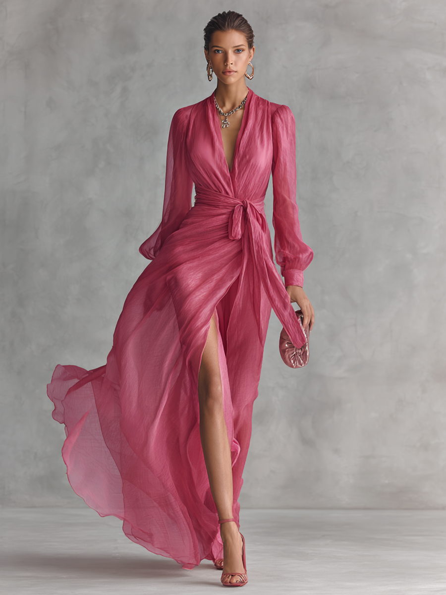 Rosa Maxikleid für Damen: Fließendes Wickelkleid mit femininem V-Ausschnitt & langen Ärmeln.
