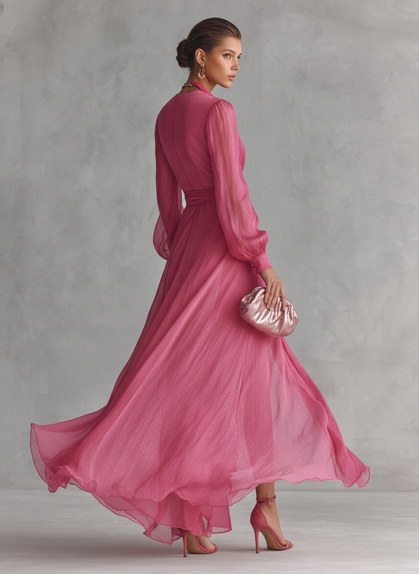 Damen Partykleid: Elegantes rosa Wickelkleid. Maxikleid mit Langarm und V-Ausschnitt für besondere Events.