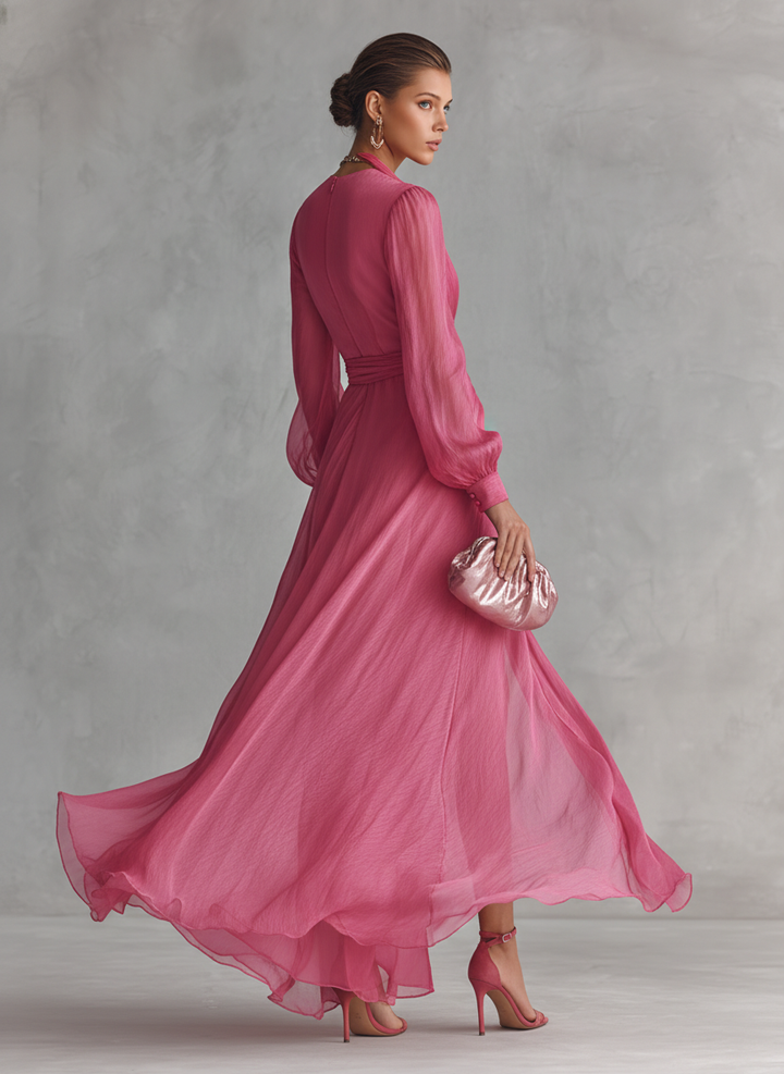 Damen Partykleid: Elegantes rosa Wickelkleid. Maxikleid mit Langarm und V-Ausschnitt für besondere Events.