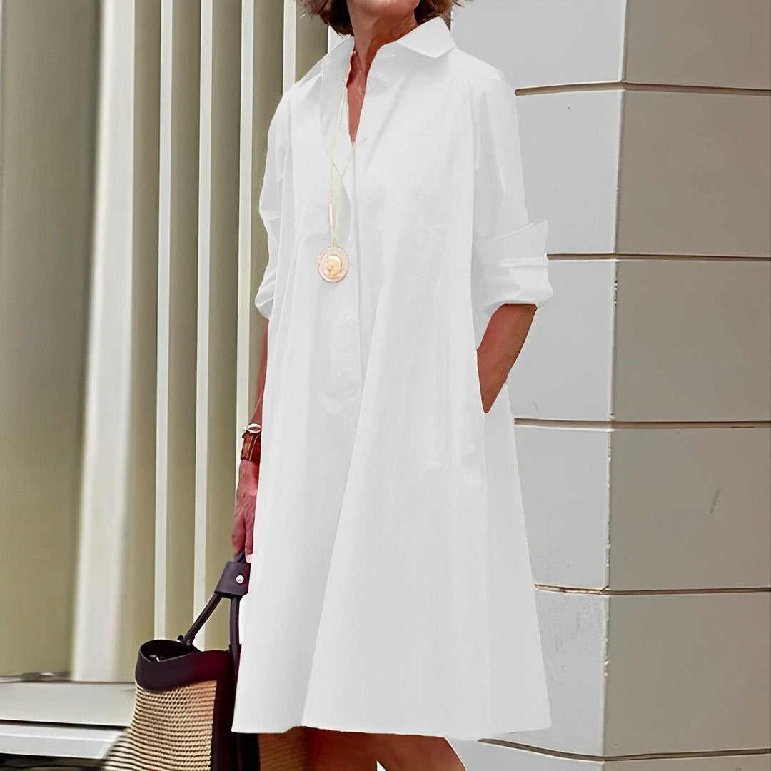 Schickes Damen Herbstkleid, Langarm Shirtdress mit Kragen. Vielseitiges Freizeitkleid und Business Casual Look.