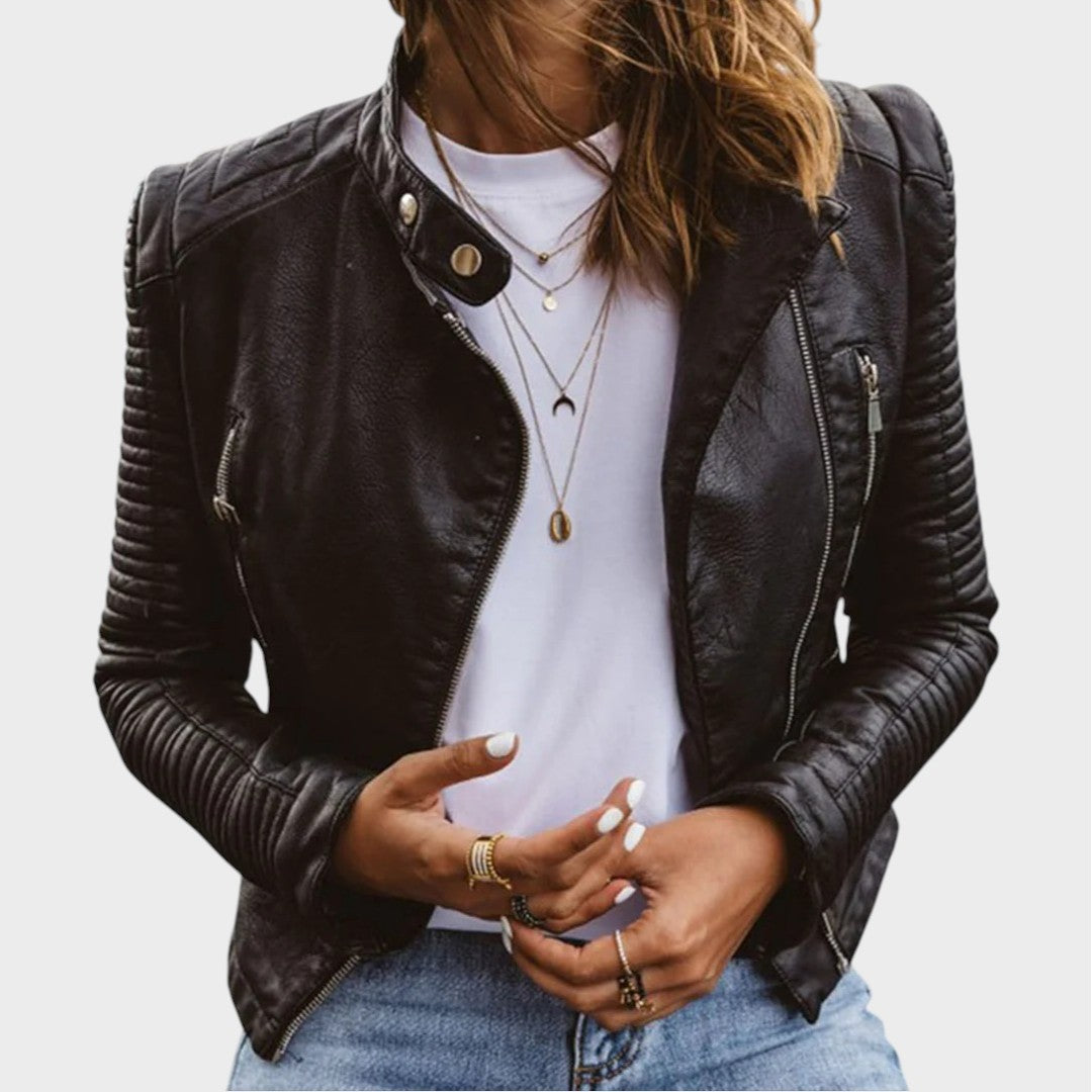 Elegante schwarze Damen Streetstyle Jacke mit Reißverschluss, modern und strukturiert für stilvolle Freizeitoutfits.