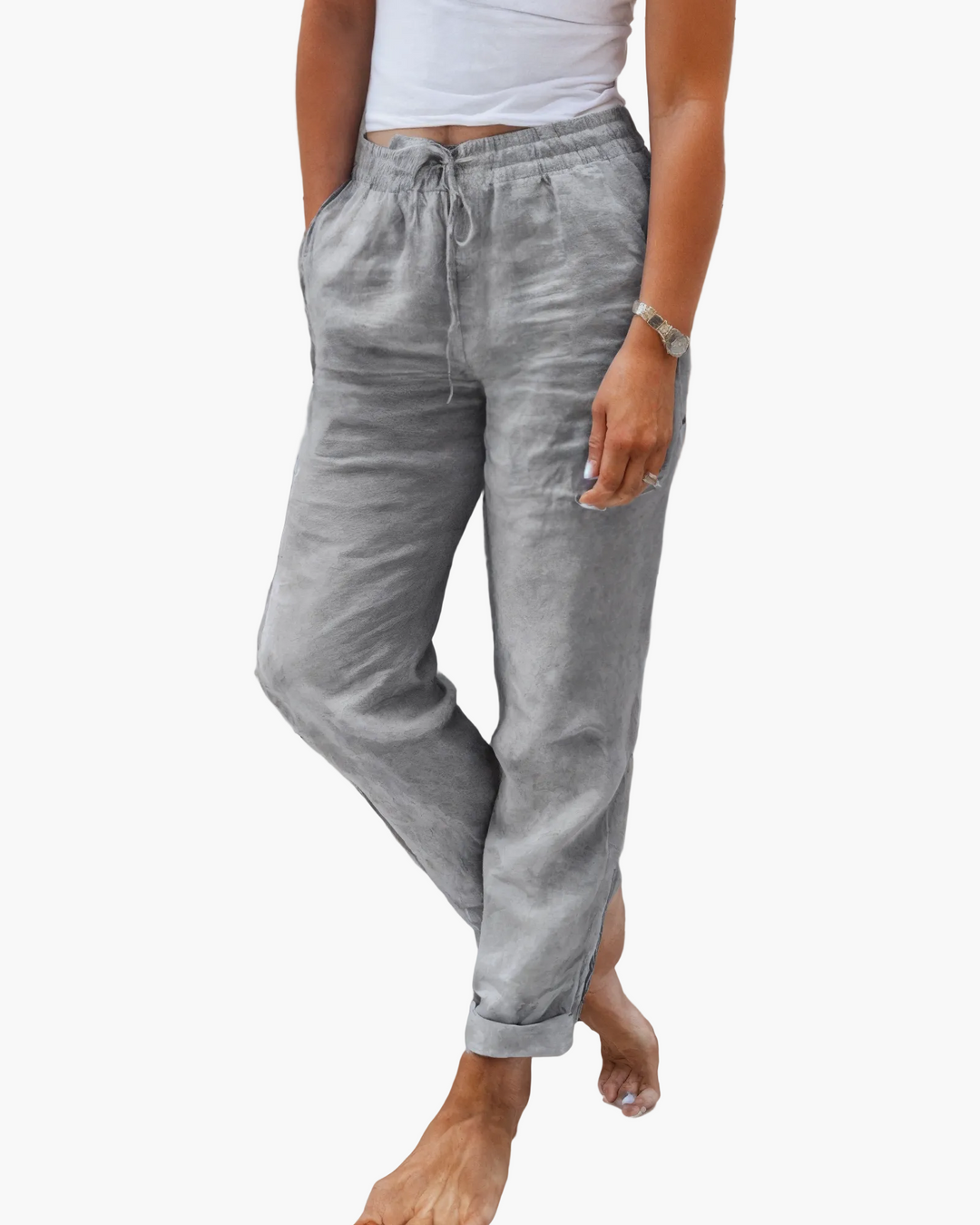Moderne Damen-Sommerhose, lockerer Schnitt. Ideal als bequeme Strand- oder Reisehose für Casual Wear.