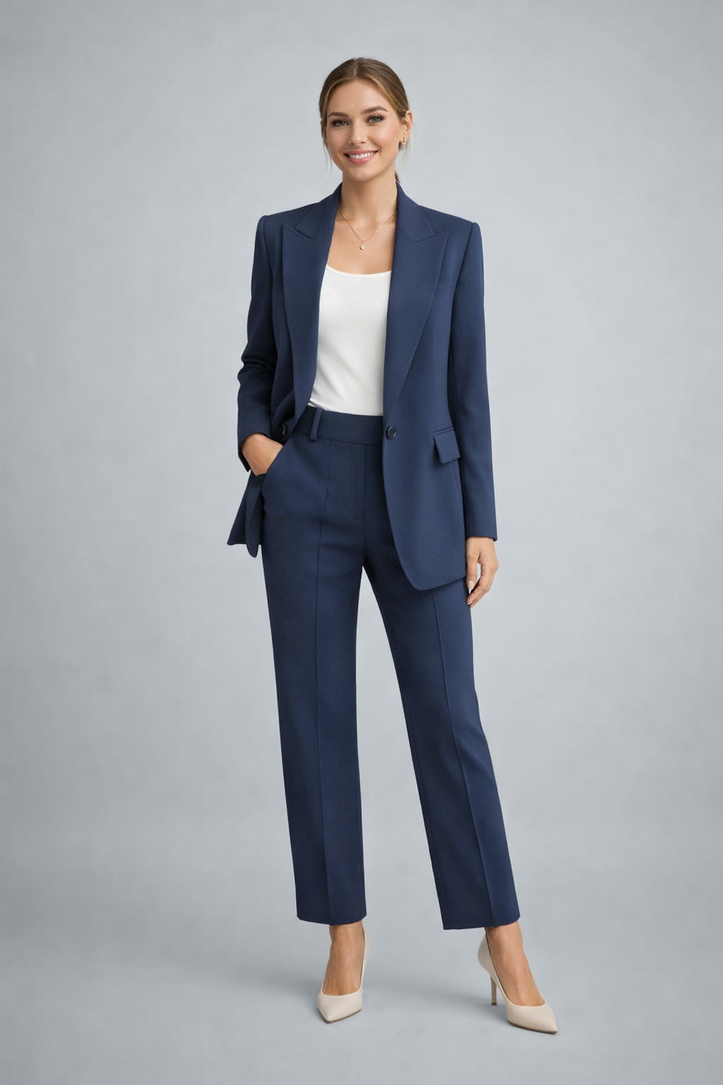 Moderner Damenanzug: Eleganter Blazer und passende Hose für einen stilvollen Auftritt in jeder Situation.