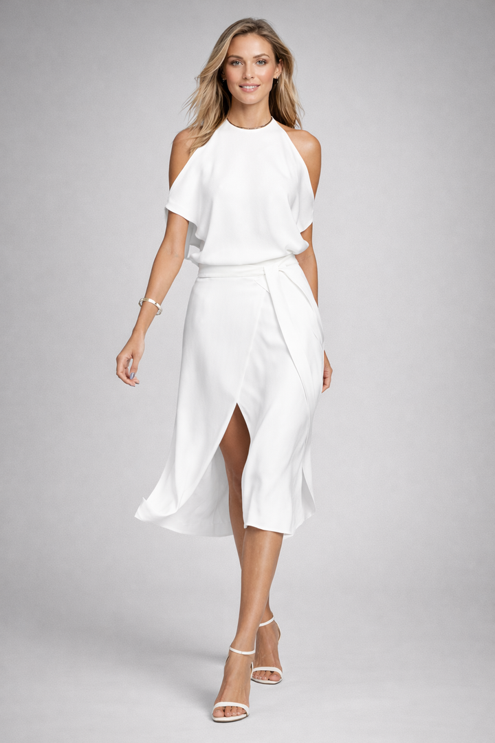 Schulterfreies Damen Midi Kleid mit Halterneck. Komfortables, knitterfreies Design, elegant für Sommer und Abend.