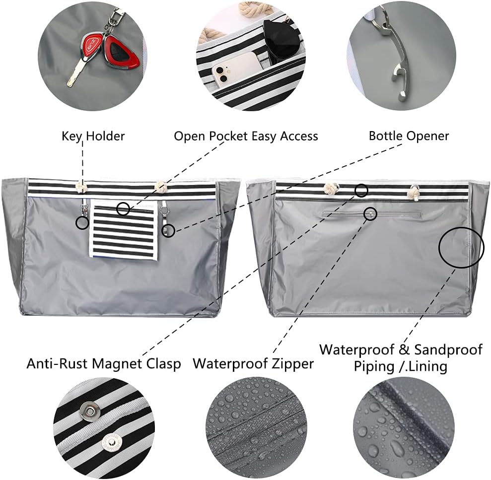 Damen mit großer, gestreifter XL Strandtasche, wasserdicht & sanddicht, perfekt für den Sommerurlaub.