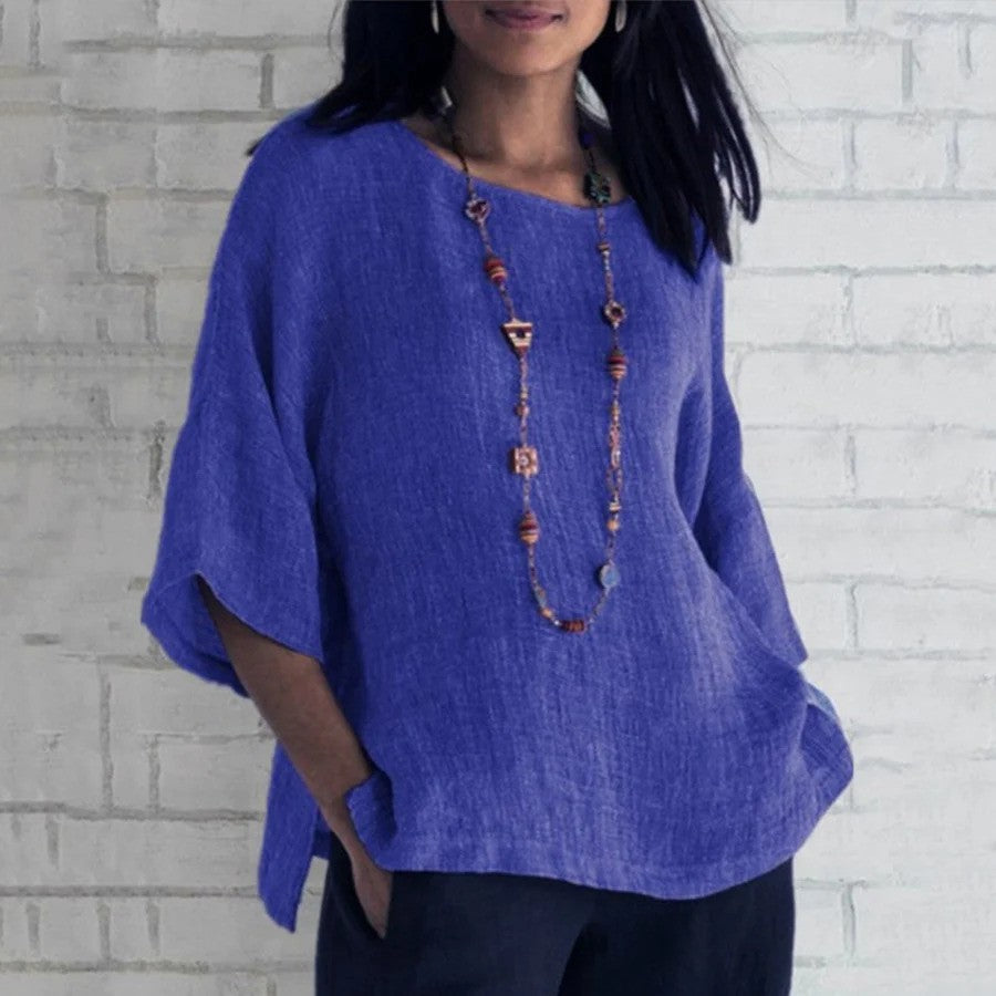 Weiches Damen Langarm Hemd in neutralem Grau. Bequeme Tunikabluse für Damen, ideal als Herbstmode & Übergangszeit-Bluse.