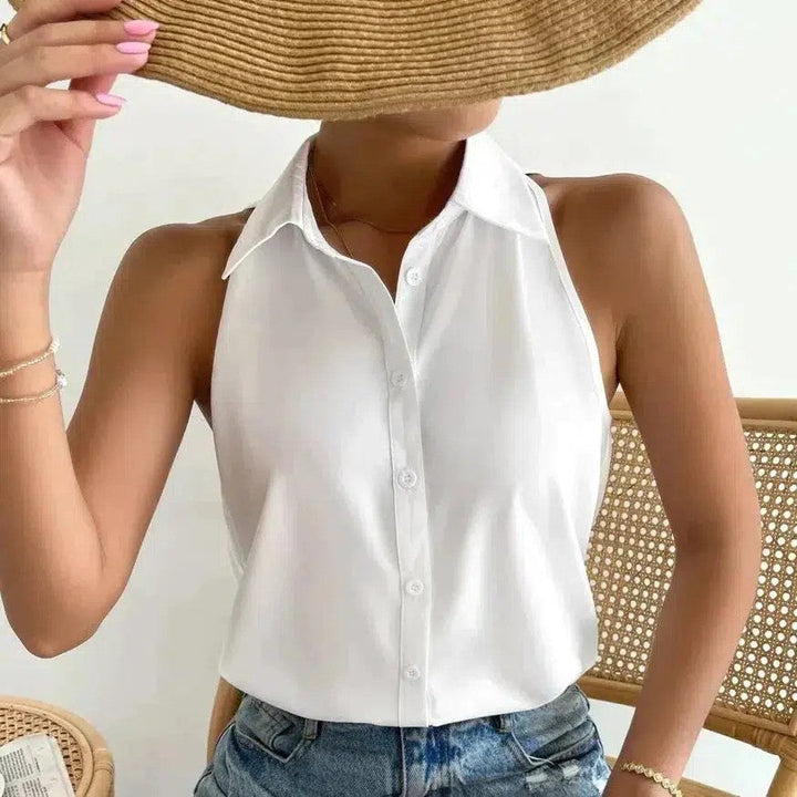 Elegante ärmellose weiße Damen Sommerbluse mit klassischem Kragen für Büro & Freizeit.