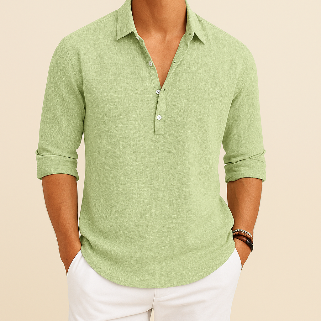 Modernes Herren Henley Langarm Poloshirt. Komfortables, elegantes Oberteil für Business Casual und legere Freizeit.