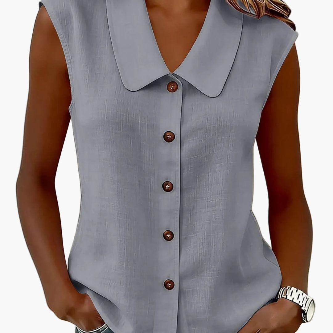 Elegantes ärmelloses Damen Top mit Kragen und Knopfleiste, ideal für einen schicken Büro-Look.