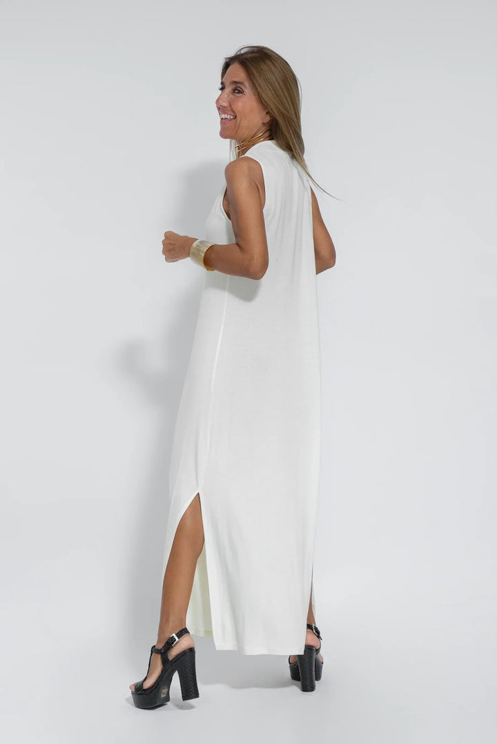 Bequemes & stilvolles Damen Maxikleid; ärmellos, tiefer V-Ausschnitt, fließender Stoff, ideal für Sommer.
