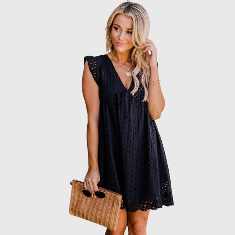 Bequemes Damen Freizeitkleid, ärmelloses Minikleid im Relaxed Fit mit V-Ausschnitt für warme Tage.