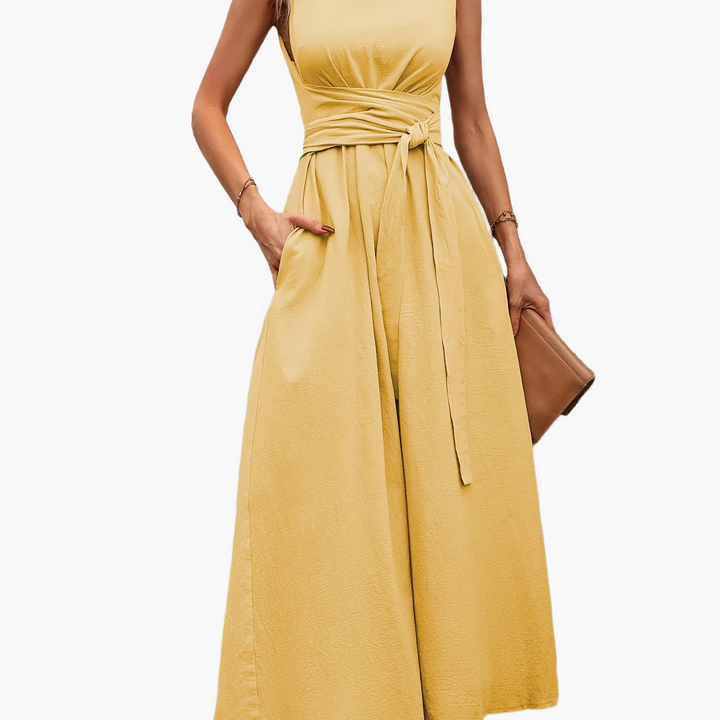 Damen Jumpsuit ärmellos für Frühling & Sommer, mit modischem Bindegürtel-Detail.