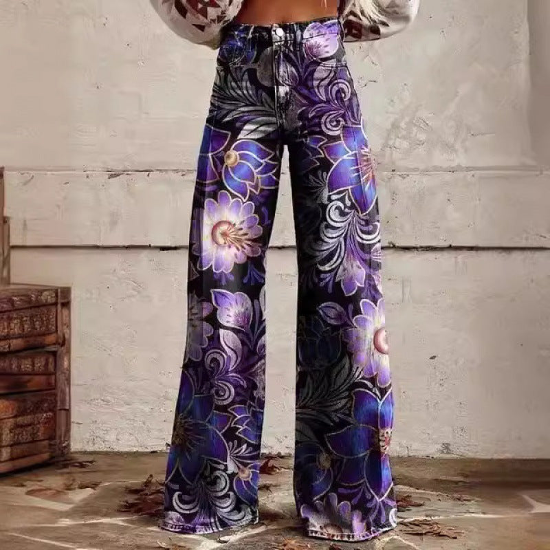 Damen Schlaghose mit auffälligem Retro Blumenmuster für individuellen Stil.