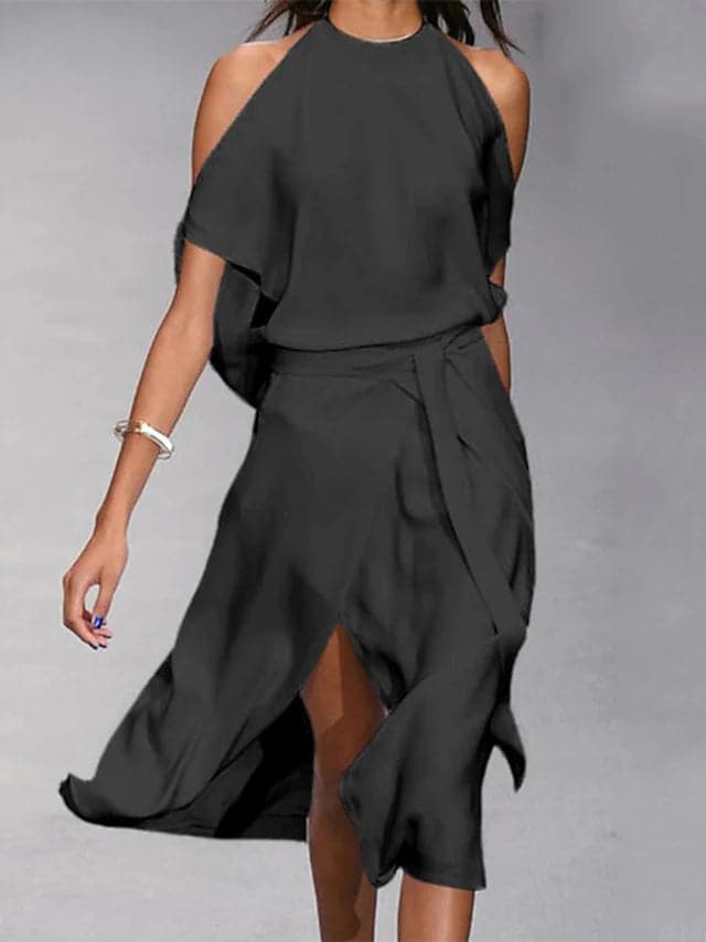 Feminines Cold-Shoulder Midikleid für Damen. Vielseitiges Sommerkleid mit Bindegürtel, ideal für Party und Alltag.