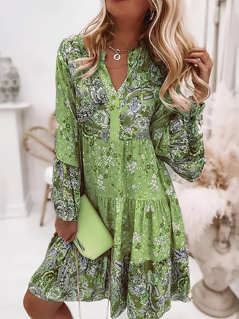 Elegantes geblümtes Boho Midikleid für Damen mit V-Ausschnitt & Langarm. Perfektes Freizeitkleid für Frühling.