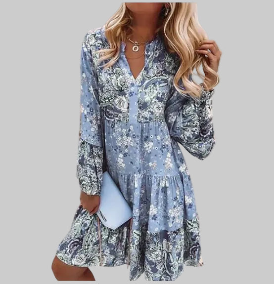 Vielseitiges Damen Langarm Midikleid in Boho-Optik, geblümt mit V-Ausschnitt. Ideal als Sommer- & Freizeitkleid.