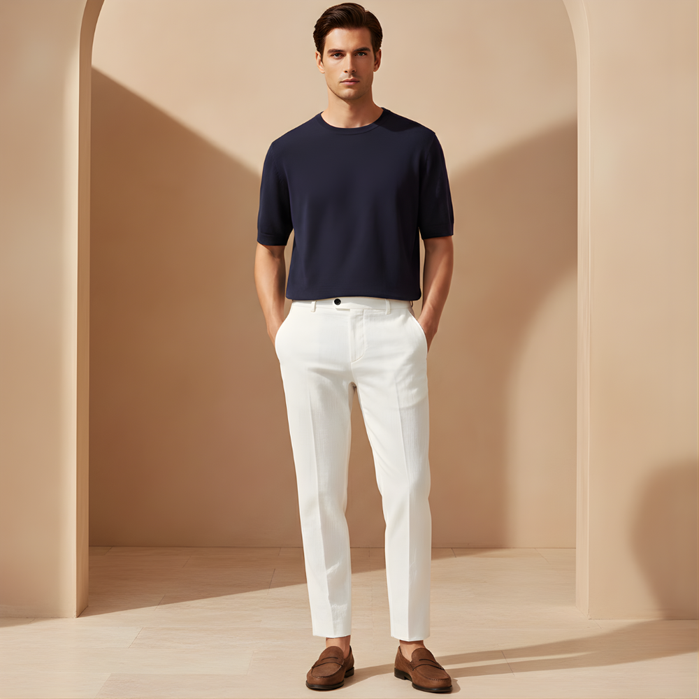 Komfortable Herren Stoffhose mit geradem Schnitt, ideal für Freizeit und Business Casual. Eleganter Sommerstil.