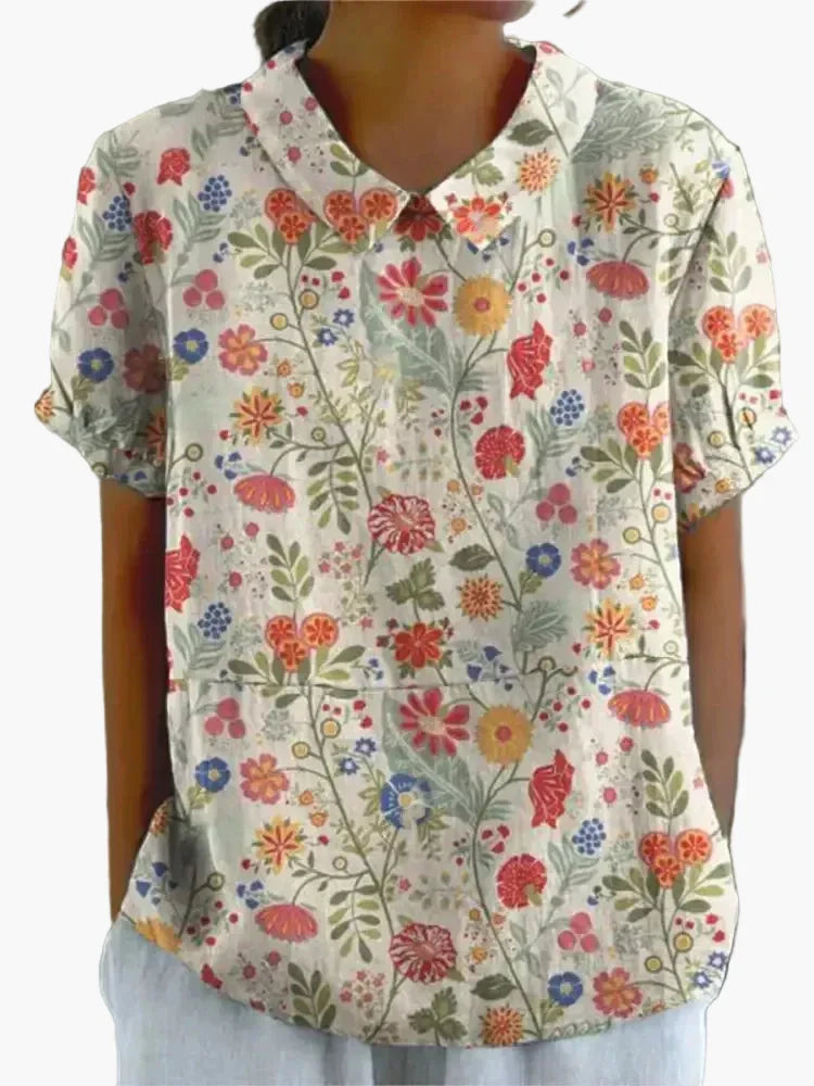 Leuchtende gelbe Vintage-Bluse für Damen; Kurzarm mit charmantem Blumenmuster.