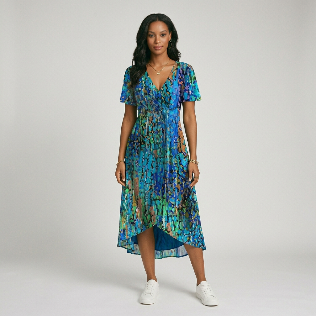 Elegantes Damen Sommerkleid mit V-Ausschnitt, leichtem Blumendruck und fließendem A-Linien-Schnitt für Freizeit & Urlaub.