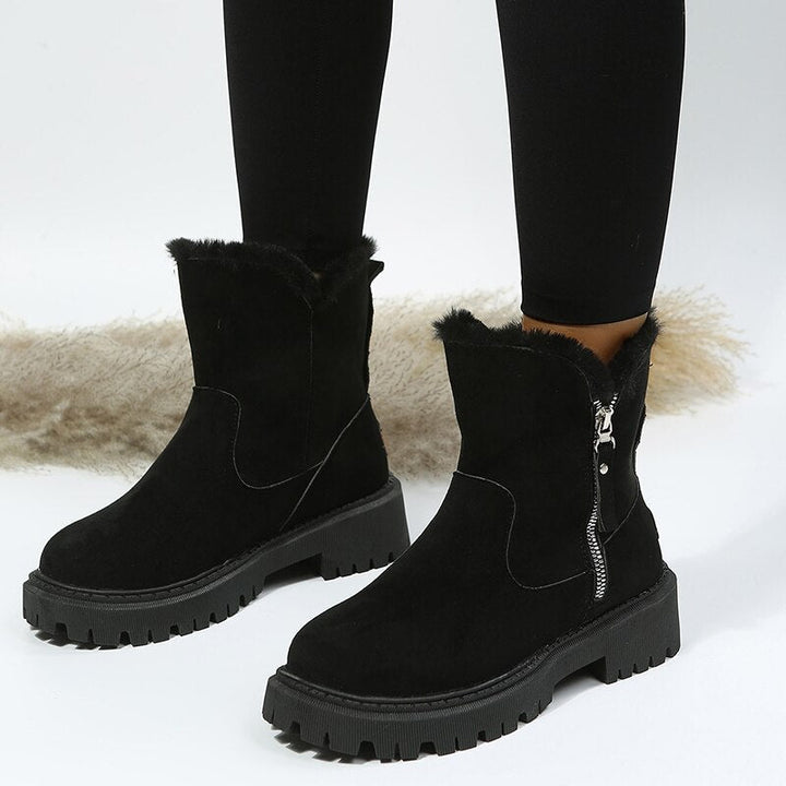 Warme, wasserdichte Damen Winterstiefeletten, Detailansicht des robusten Materials für Schneeschutz.