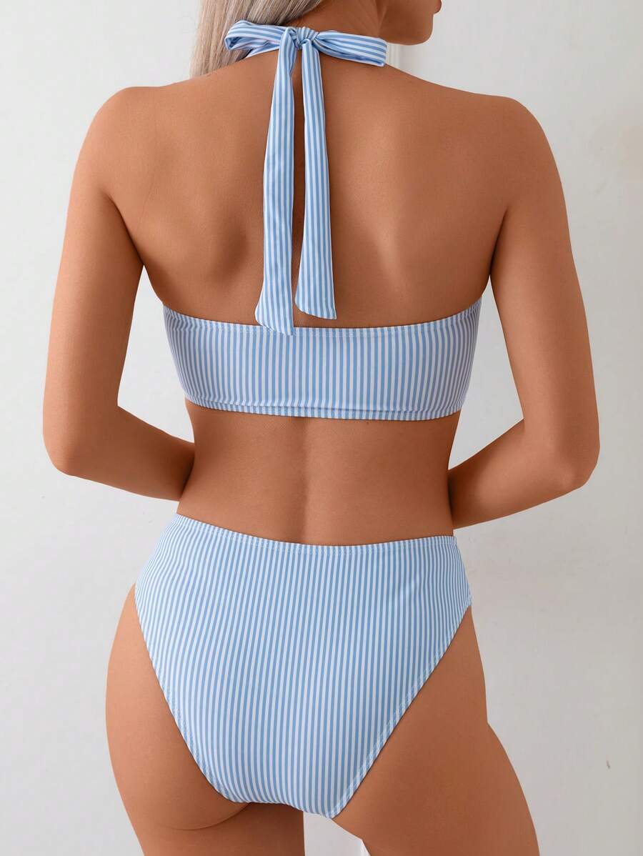 Eleganter Damen Bandeau Bikini Zweiteiler gestreift, High Waist für den Sommerurlaub.
