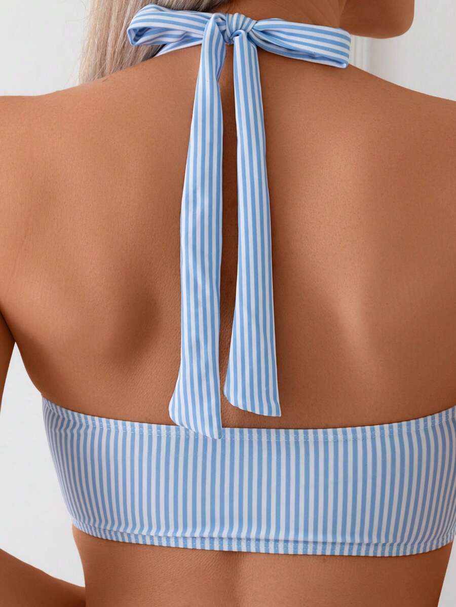 Rosa High Waist Bikini für Frauen, Bandeau Top, gestreift & bügellos für den Pool.
