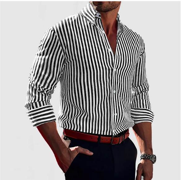 Modisches gestreiftes Herren-Langarmhemd, zeigt hochwertige Stofftextur und Knopfdetails.