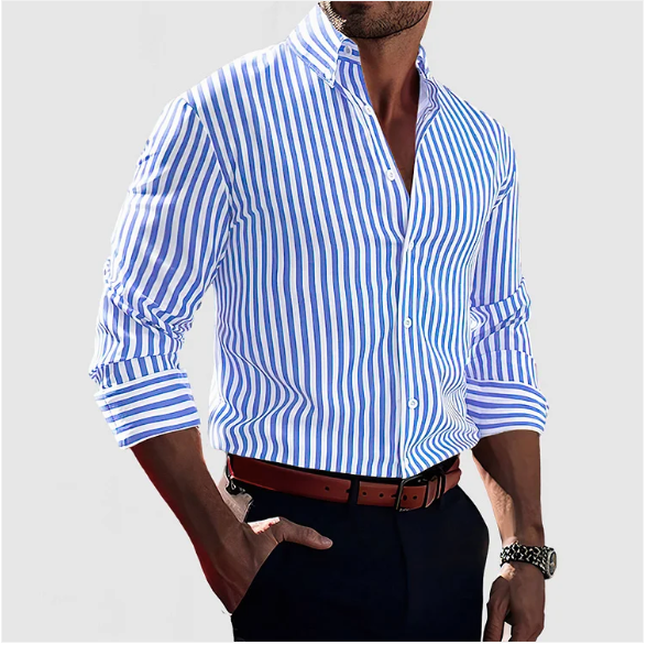 Vielseitiges gestreiftes Herrenhemd, ideal für entspannte Freizeit-Outfits oder elegante Sommerabende.